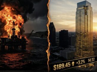Oil rig explosion and city skyscraper with stock.