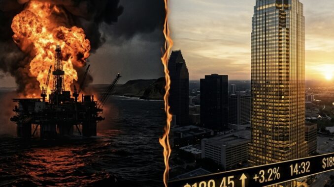 Oil rig explosion and city skyscraper with stock.