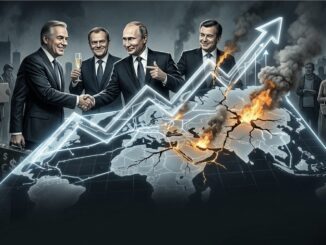 World leaders with burning map and graph.