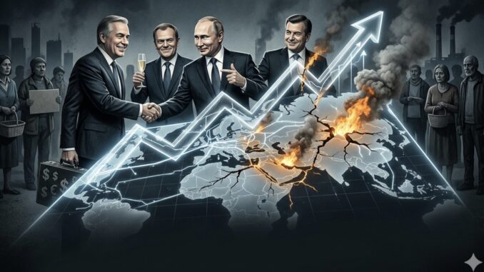 World leaders with burning map and graph.