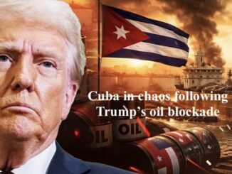 Political figure, oil blockade, Cuba chaos depiction.
