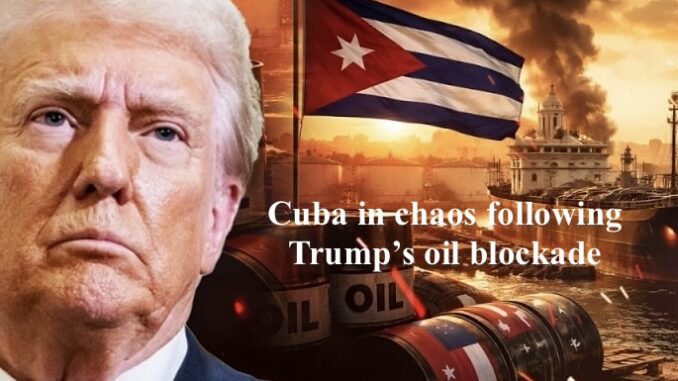 Political figure, oil blockade, Cuba chaos depiction.