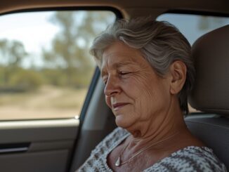 Elderly woman sitting in a car.