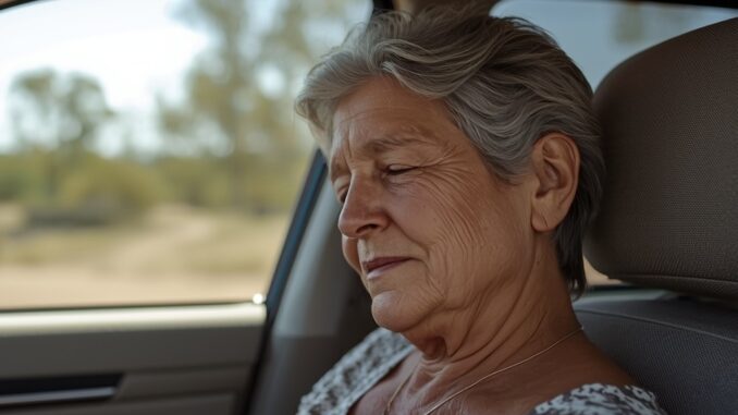 Elderly woman sitting in a car.