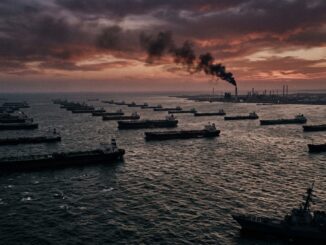 Ships at sea with industrial smoke background.