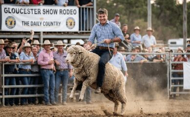 Man riding sheep at Gloucester Show Rodeo.