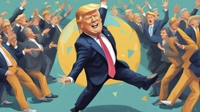 Dancing man surrounded by cheering crowd illustration.