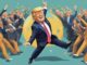 Dancing man surrounded by cheering crowd illustration.