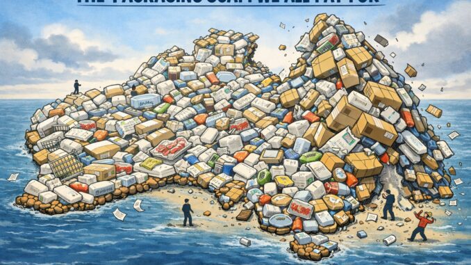 Island formed from excessive product packaging waste. Island formed from excessive product packaging waste.