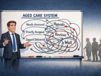 Man presenting complex aged care system diagram.