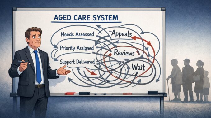 Man presenting complex aged care system diagram. Man presenting complex aged care system diagram.