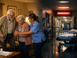 Elderly couple assisted by caregiver, emergency room.