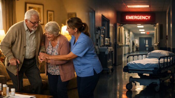 Elderly couple assisted by caregiver, emergency room.