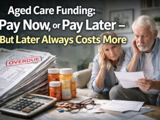 Elderly couple reviewing financial documents, looking concerned.