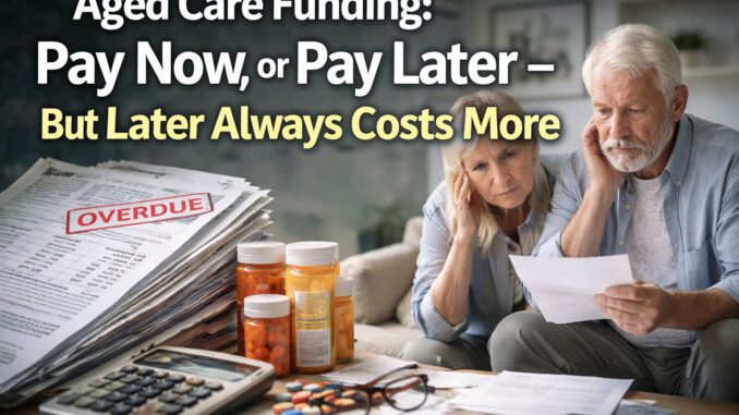 Elderly couple reviewing financial documents, looking concerned.