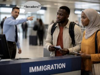 People at immigration counter with officer pointing.