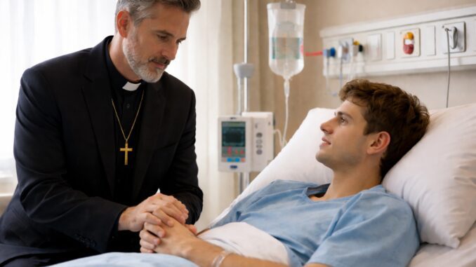 Clergyman comforting patient in hospital bed. Clergyman comforting patient in hospital bed.