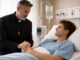 Clergyman comforting patient in hospital bed.