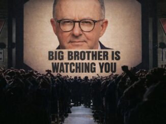 Large crowd before giant "Big Brother" poster