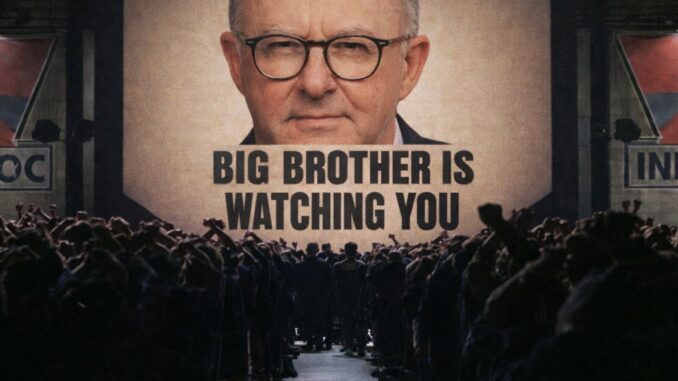 Large crowd before giant "Big Brother" poster