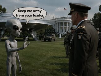 Alien and military officer at the White House.