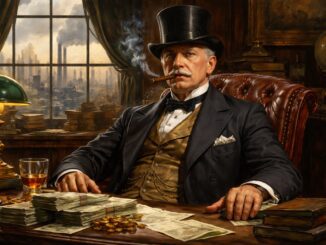 Wealthy Victorian businessman smoking cigar at desk