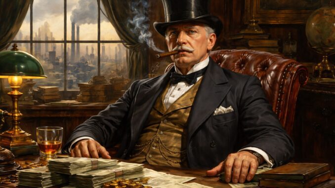 Wealthy Victorian businessman smoking cigar at desk Wealthy Victorian businessman smoking cigar at desk