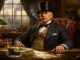 Wealthy Victorian businessman smoking cigar at desk