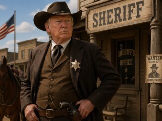Sheriff in western town with American flag