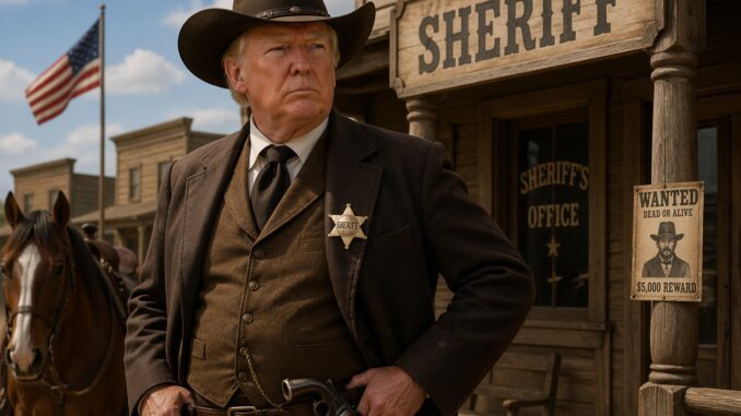 Sheriff in western town with American flag