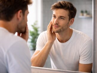Man examining face in bathroom mirror