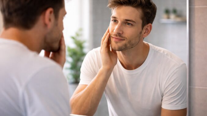 Man examining face in bathroom mirror