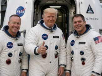 Three people in NASA spacesuits giving thumbs-up