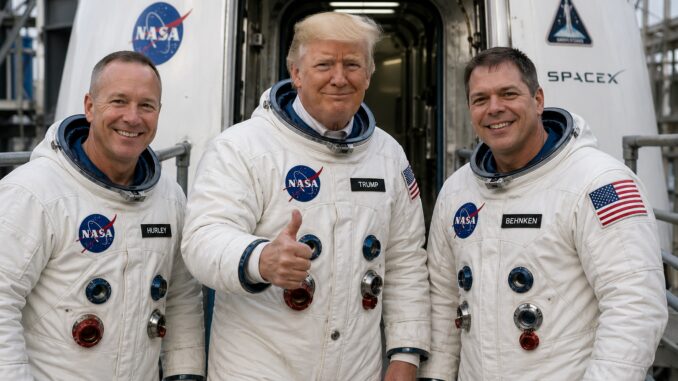 Three people in NASA spacesuits giving thumbs-up Three people in NASA spacesuits giving thumbs-up