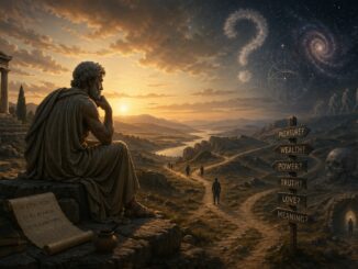 Ancient philosopher contemplating cosmic crossroads at sunset