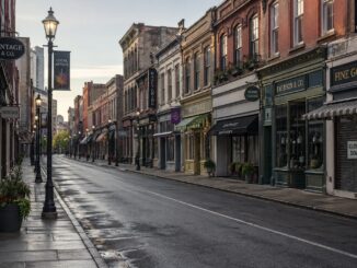 Empty historic main street with brick storefronts