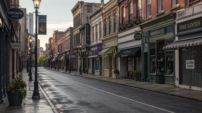 Empty historic main street with brick storefronts Empty historic main street with brick storefronts