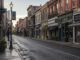 Empty historic main street with brick storefronts