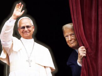Religious leader waving while man peeks curtain