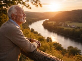 Older man gazing at river sunset