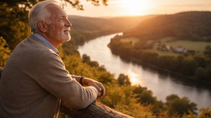 Older man gazing at river sunset Older man gazing at river sunset