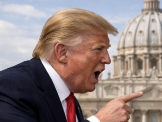 Blond man shouting, pointing near basilica