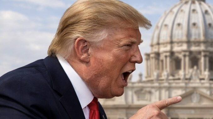 Blond man shouting, pointing near basilica