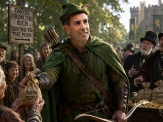 Robin Hood distributing money to villagers.