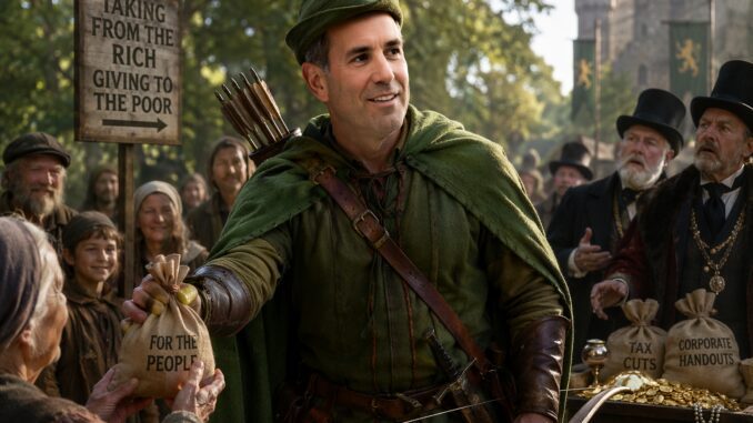 Robin Hood distributing money to villagers.