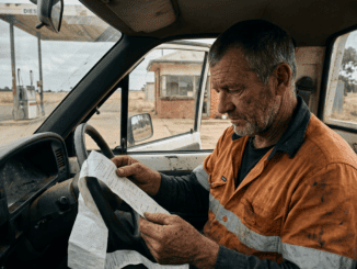 Worker in orange shirt reading paper inside truck