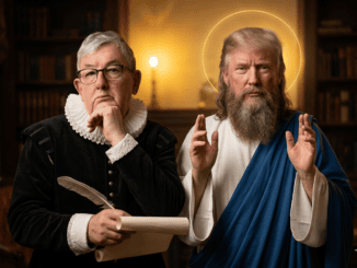 Bearded figure with halo beside scholar with quill
