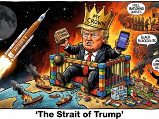 Cartoon of Trump with crown and blocks.