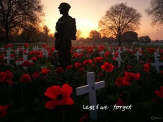 War memorial with soldier silhouette and poppies