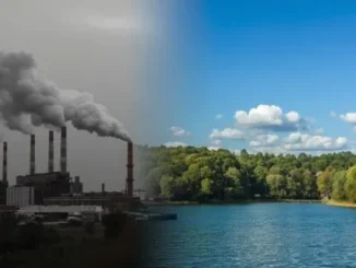 Industrial pollution contrasted with pristine lake